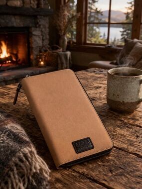 Coach Rare Zip-Around Travel Wallet in Tan with Dark Brown Accent